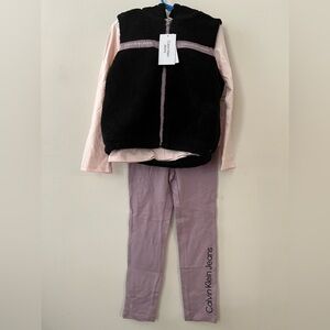 Calvin Klein Girls Hooded Sherpa Vest with Logo T-shirt and Leggings, 3 Piece